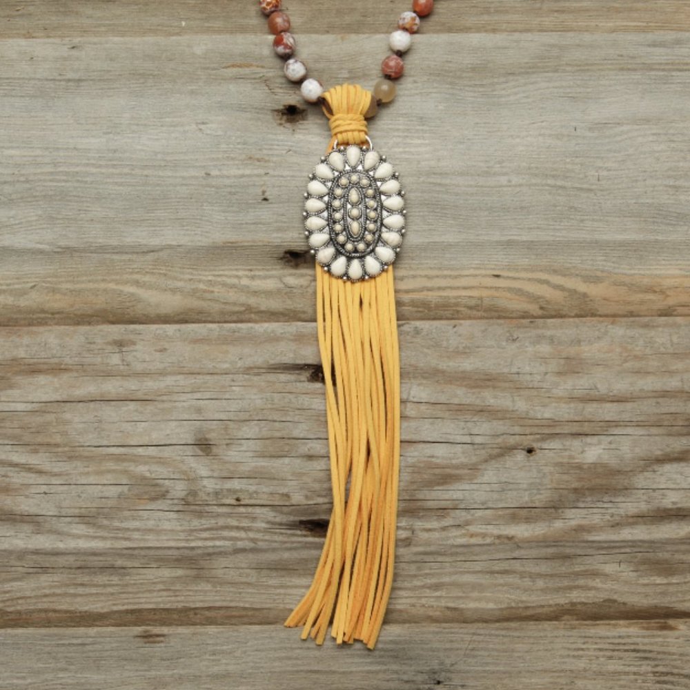 WHITE BEADED OVAL & ORANGE TASSEL PENDANT NECKLACE